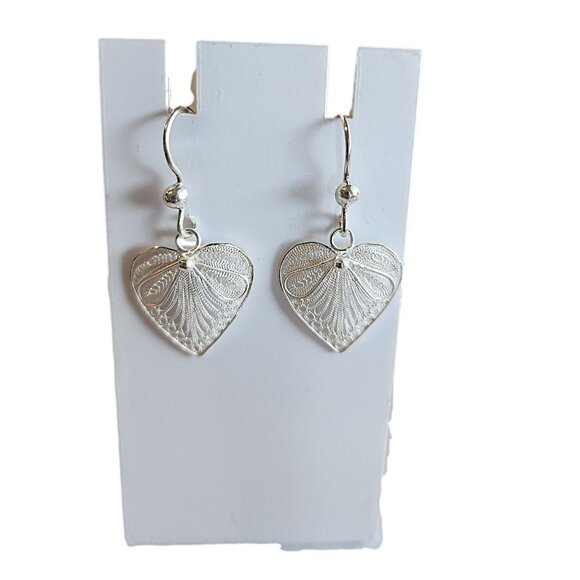 Sterling Silver Filigree Heart Design Earrings. 1". 2.9 gms. New - Picture 2 of 2